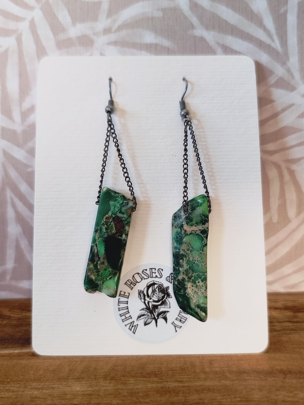 White Roses & Sherry Green Jasper Slab Earrings | Nickel Free